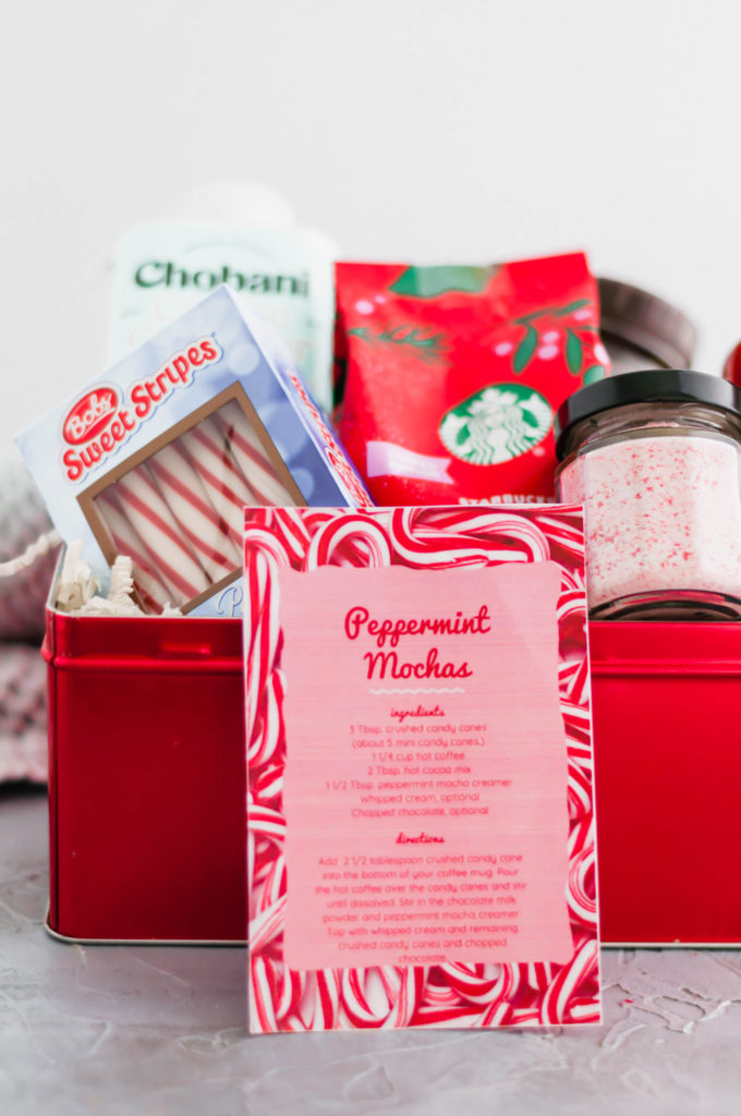 Looking for a fun, festive gift for a coffee lover in your life?! This Peppermint Mocha Kit is simple to put together and totally unique. Grab your favorite ground coffee, crushed candy canes, hot cocoa mix, peppermint mocha creamer and candy canes.