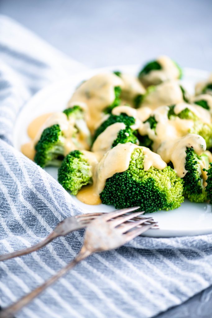 White round plate with fresh steamed broccoli drizzled with cheese sauce.